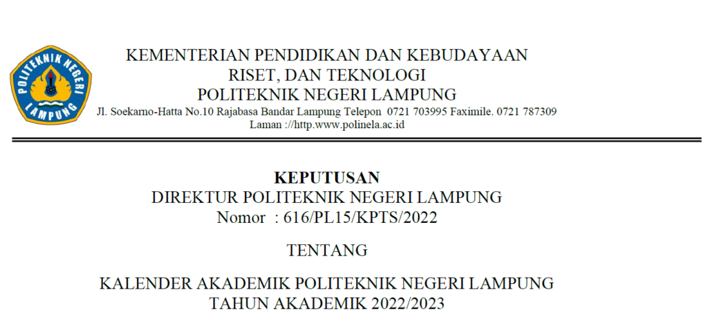 Kalender Akademik Politeknik Negeri Lampung Tahun Akademik 2022/2023