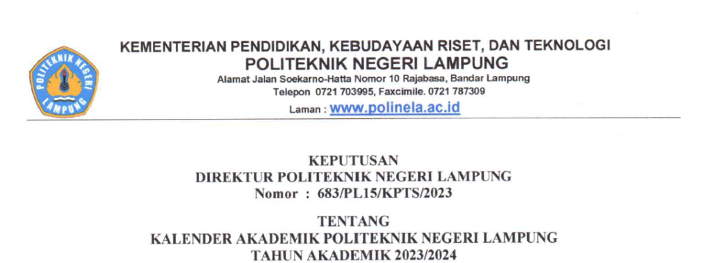 Kalender Akademik Politeknik Negeri Lampung Tahun Akademik 2022/2023