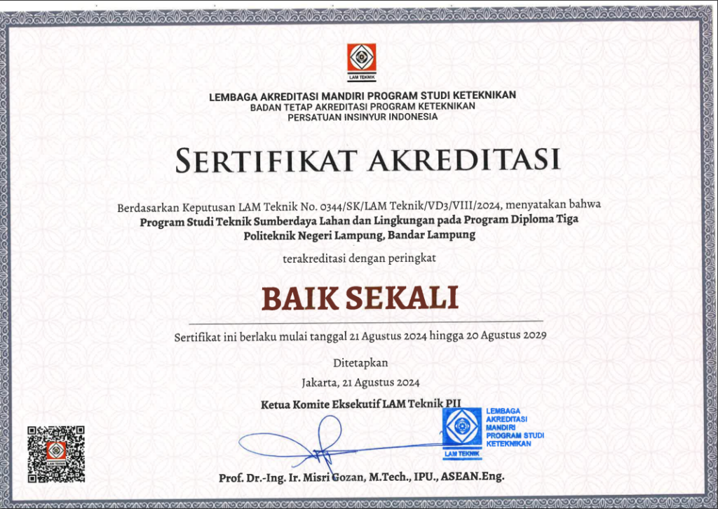 Program Studi Teknik Sumberdaya Lahan dan Lingkungan Politeknik Negeri Lampung Terakreditasi “Baik Sekali”
